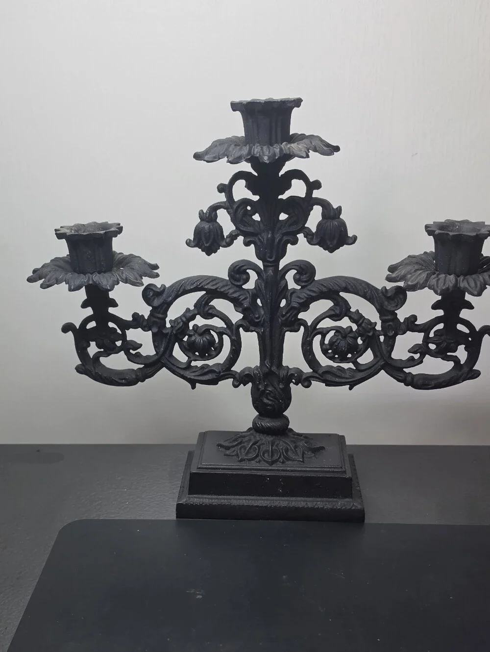 Ornate Black Metal 3-Arm Candelabra Candle Holder